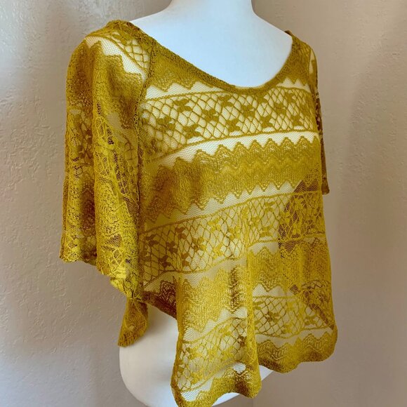 LOLA Mustard Yellow Lace Cropped Dolman Short Sleeve Top L - Picture 4 of 6